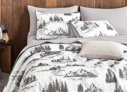 Wake In Cloud - Rustic Quilt Set, Cabin Forest Woodland Camping Theme with Lodge Mountain Print, Reversible Lightweight Bedspread Coverlet, 3 Pieces, Grey White, Queen/Full Size