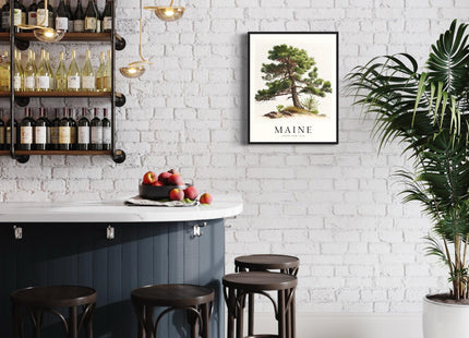 Maine State Tree Art Print, Maine Poster Wall art Decor, Maine State Map Travel Poster, Home Office Wall Decoration, Bedroom, Living Room Artwork. (Maine E, 16x20 inches + (Black Frame))