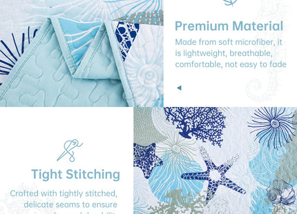 Dinjoy Nautical Ocean Quilt Set Queen Size, Blue Beach Coastal Themed Bedding Set Lighthouse Anchor Sailboat Pattern Microfiber Lightweight Summer Bedspread Coverlet Bed Set All Season