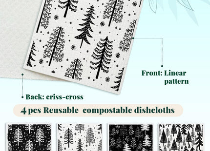 LARTSFRO Christmas Pine Tree Swedish Dishcloths for Kitchen, Swedish Dish Cloths for Pine Tree, Black and White Christmas Towels, 4 Pack for Papaya Reusable Paper Towels Washable, Sponge Cloths