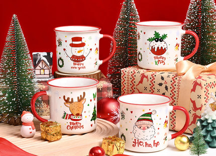 YHRJWN Christmas Mugs Set of 4, Festive Design Coffee Mugs with Santa Snowman Reindeer, Holiday Mugs for Hot Cocoa, Gifts for Family Friends, Holiday Decor, 13 Oz