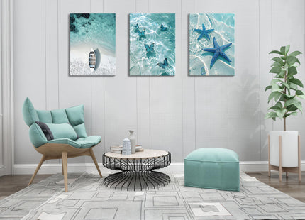Ocean Wall Art Beach Canvas Print Starfish Shell on Teal Board Paintings Coastal Seascape Picture Blue Butterfly Artwork for Home Kitchen Bathroom Living Room Wall Decor Ready to Hang 16"x24"x3pcs