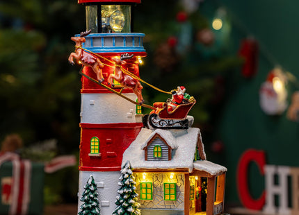 VISFLAIR Musical Christmas Village Figurines Lighthouse & Flying Santa Collectibles Building Statues, Battery & USB Christmas Home Decor Gifts Festive Holiday Decorations