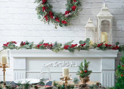LOHASBEE Artificial Christmas Garland, 5 Feet Pine Cone Eucalyptus Garland with Red Berries, Bells & Greenery Glitter for Christmas Indoor Outdoor Garden Gate Front Door Home Wall Window Stair Decor