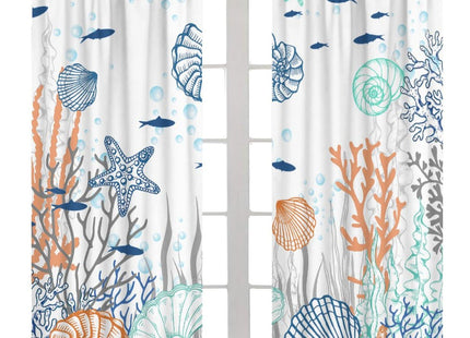 JanJCurt Nautical Coastal Curtains, Starfish Seashell Coral Beach Themed Drapes Ocean Orange Blue Teal Conch Print Window Treatments for Kitchen Living Room Bedroom, 42x45 Inch (No Blackout)