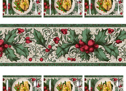 Christmas Table Runners and Placemats Set of 6, Holly & Berries Design, Green & Red, Perfect for Holiday Dining, 7-Piece Christmas Table Decoration