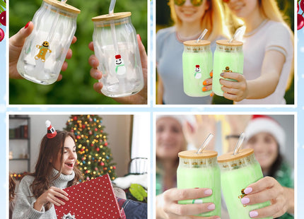 Potchen 2pcs Gingerbread Snowman Christmas Glass Cup 16.9 oz with Lid Straw