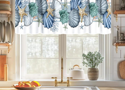 Lnepty Nautical Window Valance,Summer Ocean Coral Shell Conch Starfish White Valance Curtains Treatment for Kitchen Living Room Bedroom Bathroom 1 Piece,54x18 Inch