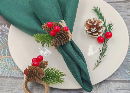 Christmas Napkin Rings Set of 12 Evergreen Snowy Pinecone Red Berry