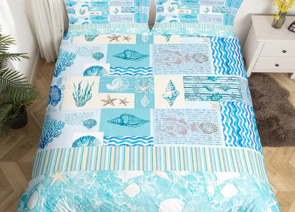 Homewish Coastal Duvet Cover Set Twin Size,Sketch Shell Coral Print Bedding Sets 2Pcs for Kids Girls Boys Adult Room Decor,Blue Stripe Plaid Comforter Cover Ocean Beach Quilt Cover,1 Pillowcase