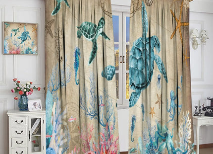 Nautical Green Sea Turtles Curtains, Jellyfish Beach Shell Coral Blue Ocean Beach Theme Rod Pocket Window Treatments Drapes for Bedroom Living Room 42x63in (Décor)