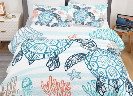 HOSIMA Sea Turtle Queen Quilt,Ocean Beachy Bedspread with 2 Pillowcases.