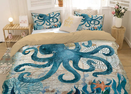 MUSOLEI Ocean Comforter Set Queen Size Four Seasons Quilt Kids Octopus Bedding Collections Soft for Teen Boys Turquoise Ocean Themed Mediterranean Style Printed Quilt Set Kids Gift