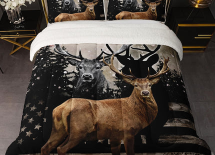 HOSIMA Hunting Camo Deer Bedding Twin Size Fuzzy Comforter Set,American Flag Forest Bedding Sets Hunter Bedroom Decor,Soft and Plush Reversible Micromink and Sherpa Comforter Set with 2 Pillowcases.