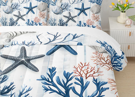 QOOMO Coastal 7 Pieces Comforter Set Full Size,Coral Starfish Bedding Set