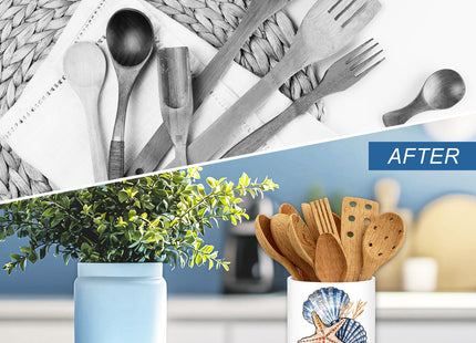 JarThenaAMCS Summer Coastal Ceramic Utensil Holder Ocean Starfish Seashell Utensil Crock for Beach Home Kitchen Countertop Storage Organizer Container