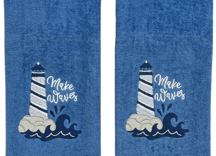 Coastal Guest Hand Bathroom Towels, Navy Make Waves Lighthouse, 16x25