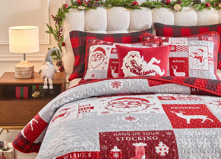 Christmas Patchwork Quilt Set Queen Size 88x88 Red Black Plaid with White Santa Claus Deer Tree SnowflakeChristmas New Year Style Microfiber Winter Warm Bedding Coverlet Bedspread Holiday Design