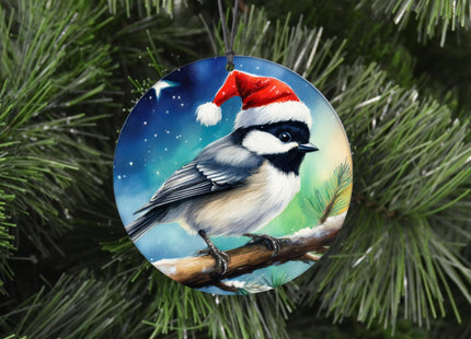 Chickadee Christmas Ornament - Santa Hat Northern Lights - 2026 Bird Decor