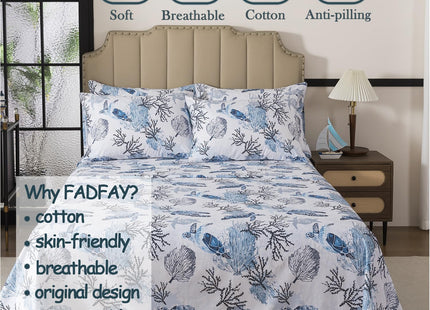 FADFAY Twin XL Sheet Set 4 Pieces, 100% Cotton Coastal Sea Turtle Bed Sheets, Soft Breathable College Bedding, Deep Pocket Fitted Sheet, Blue White Nautical Ocean Coral Seaweed Sheets for Dorm Room