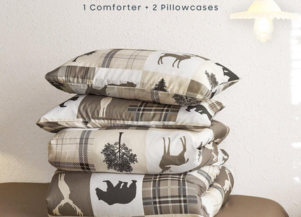 Wake In Cloud - Rustic Comforter Set, Cabin Christmas Lodge Western Country Bear Deer Moose Woodland RV Outdoor Theme, Soft Lightweight Bedding, 3 Pieces, Taupe, Full Size
