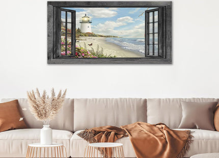 Lighthouse Large Cnavas Wall Art Oversize Nautical Coastal Pictures Prints Beach Ocean Decorations Painting Framed Window Seascape Artwork Gifts Office Home Decor for Bathroom Dining Living 60"x30"