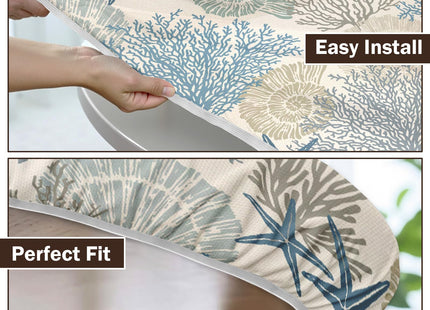 Summer Coastal Round Fitted Tablecloth with Elastic Edge,Water-Resistant Picnic Nautical Coral Starfish Seashell Table Cover for 40"-44" Found Tables Blue Ocean Table Cloth for Dinner,Outdoor,Patio