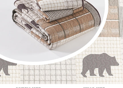 Uniclinens 100% Cotton Quilts King Size - Farmhouse Cabin Lodge Bear Deer Tree King Quilt Set, Soft Patchwork Plaid Bedspread Lightweight Quilted Comforter with 2 Pillow Shams, Green/Brown/Cream