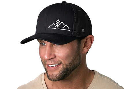 HAKA Mountains with Pine Tree Trucker Hat | Outdoors Snapback Cap - Black