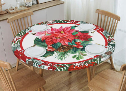 Christmas Holly Tablecloths Round Tablecloth Fitted Elastic Table Cover Washable for Kitchen Dining Picnic Party Fit T able 40-44