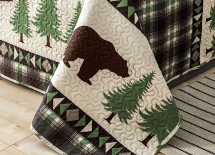 Lodge Quilts Set King Size, 3Pcs Rustic Cabin Brown Bear Bedding Green Pine Tree Bedspread Coverlet Lightweight Soft Reversible Plaid Stripe Bed Cover Set Country Decor for All Season(96"x 108")