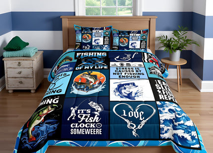 Manfei Go Fishing Kids Comforter Set Twin Size,Bass Fish Hook Geometric Plaids Bedding Set,Boys Girls Adults Room Decor,Sea Waves Rustic Camper Down Comforter,Blue Fashion Duvet Insert,1 Pillowcase
