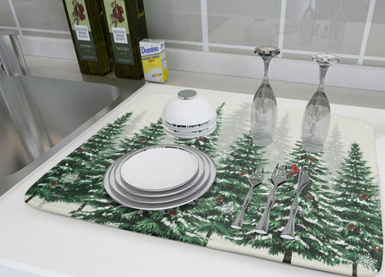 Winter Green Pine Tree Dish Drying Mat for Kitchen Counter,Red Bird Snowflake Drying Mat 18 x 24 Inch with High Absorbent Microfiber Drainer Mat for Coffee Bar
