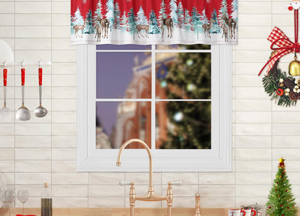 Christmas Valance Curtains for Kitchen Window, Winter Holiday Red Velvet Rod Pocket Curtain Valance, Xmas Tree Snowflake Deer Kitchen Cafe Window Treatment 52x15 Inch