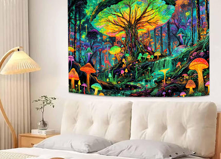 Kanuyee Blacklight Giant Mushroom Tree Forest Tapestry, UV Reactive Fantasy Wonderland Wall Art for Room Decor, Luminous Nature Home Decor 60L x 44W