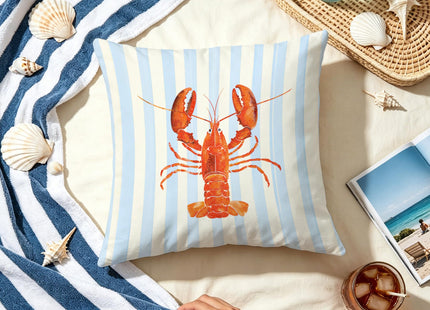 Exqcom Coastal Lobster Pillow Covers, New England Nautical Red Lobster Blue White Stripes Throw Pillow Covers for Beach House Summer Home, Preppy Beach Room Decor, Easter Coast Seafood Decor
