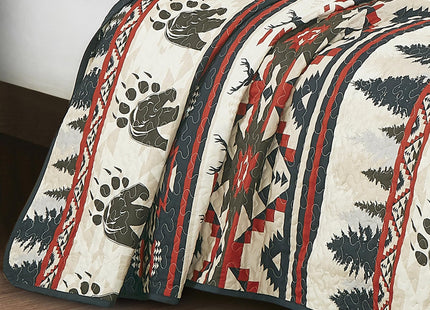 ESCA Farmhouse Lodge Animal Print Navy Bedspread Set Queen Size 3-Piece Red and Blue Deer and Bear Rustic Quilt
