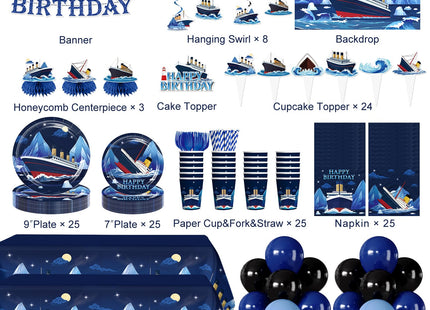 210pcs Xynic Nautical Birthday Decorations Tableware Set, 25 Serves
