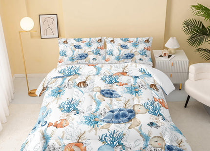 QOOMO Coastal Beach Themed Comforter Set for Boys Girls Kids Sea Turtle Ocean Life Full Size Bedding Set Super Soft Quilt with 1 Comforter and 2 Pillowcases Lightweight Microfiber for All Seasons