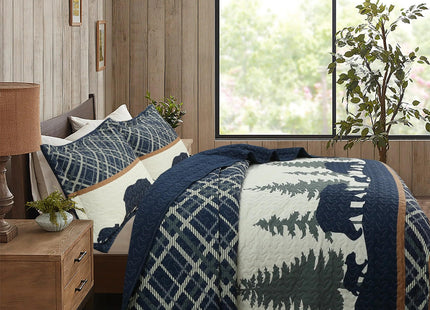 MarCielo 3-Piece Rustic Cabin Lodge Bear Quilt Set - Country-Themed Bedspread with Matching Pillow Shams