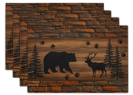 Rustic Placemats - Brown Cabin Bear Place Mats Set of 4 Country Moose Wooden Tablemats 12x18 for Dining Kitchen Farmhouse