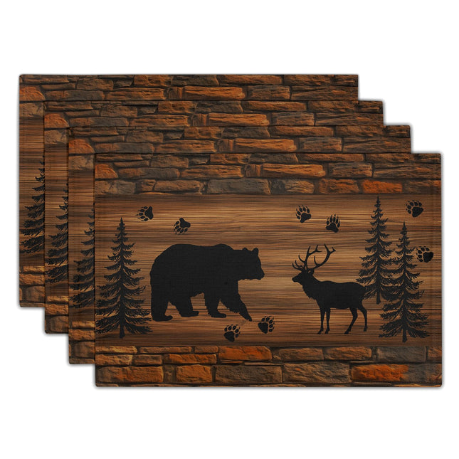 Rustic Placemats - Brown Cabin Bear Place Mats Set of 4 Country Moose Wooden Tablemats 12x18 for Dining Kitchen Farmhouse