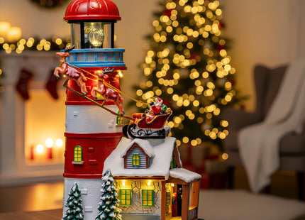 VISFLAIR Musical Christmas Village Figurines Lighthouse & Flying Santa Collectibles Building Statues, Battery & USB Christmas Home Decor Gifts Festive Holiday Decorations