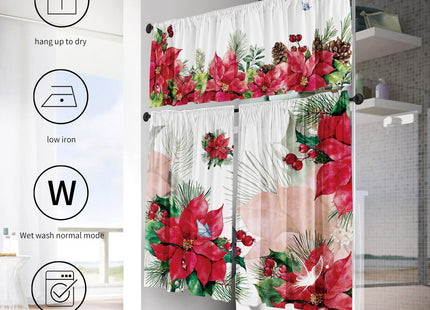 Cuteiush Christmas Poinsettia Valances for Kitchen Windows, Set of 3, Red and Green with Pinecone Butterfly, Rod Pocket, 52x18in and 36x26in x2, Multi-Room Decor, Digital Print