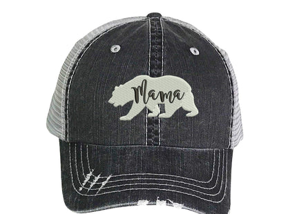 Mama Bear Distressed Trucker Hat - Embroidered Baseball Hat (Black/Gray)