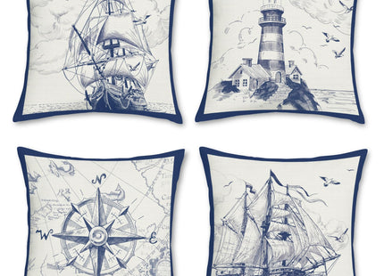 Bonhause Nautical Sailing Throw Pillow Covers 18 x 18 Inch Set of 4 Sailboat Compass Lighthouse Decorative Pillows Case Polyester Linen Cushion Covers for Couch Sofa Bed Home Decor