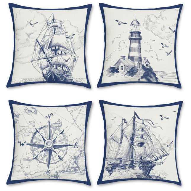 Bonhause Nautical Sailing Throw Pillow Covers 18 x 18 Inch Set of 4 Sailboat Compass Lighthouse Decorative Pillows Case Polyester Linen Cushion Covers for Couch Sofa Bed Home Decor