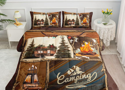 Smell Sunshine Camping Cabin Comforter Set for Kids Teens,Outdoor Adventure Campfire Comforter Set with 1 Comforter and 2 Pillowcases for Teens and Boys Bedroom All Season(Camping Cabin Twin)