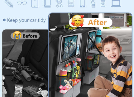 Plzpik Car Backseat Organizer with Tablet Holder,11 Storage Pockets with Foldable Food Tray, Protector Kick Mats for Kids, Travel Accessories Organizer (Gray, 1Pack)