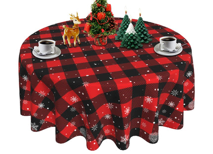 Christmas Snowflake Tablecloth 60 Inch Round Red Black Buffalo Plaid